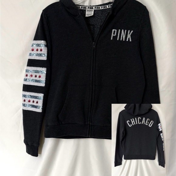 PINK Victoria's Secret Tops - PINK Victoria’s Secret “Chicago” Full Zip Fleece Sequined Hoodie With Pockets